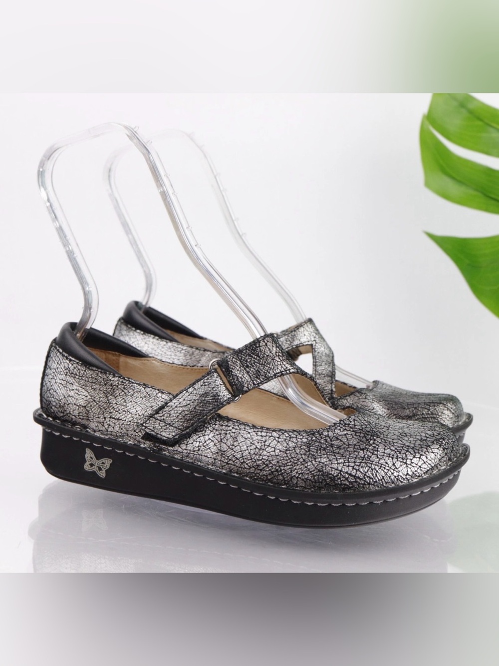 Alegria Jil-752 Mary Jane clogs crackle-textured metallic silver leather Size 37